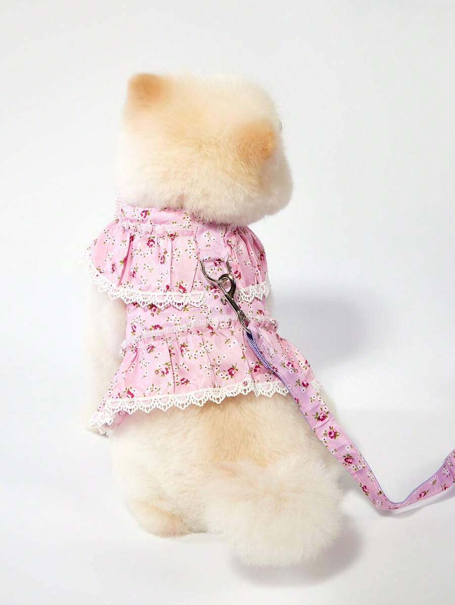 PETSIN Arnês Elegante de Princesa Estilo Dupla Camada com Design de Flor Franzida em Tom Lilás, Adequado para Primavera/Verão, Com Guia Acoplada - Multicolorido - Visão 1