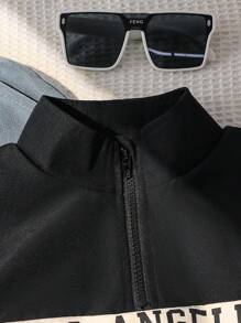 Tween Boy Contrast Color Half-Zip Up Casual Long Sleeve Jacket With Fashionable Letter Print - Black and White - View 6