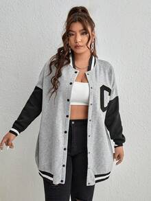 Muchica Plus Letter Patched Striped Trim Drop Shoulder Varsity Jacket Winter Fall Autumn - Light Grey - View 10