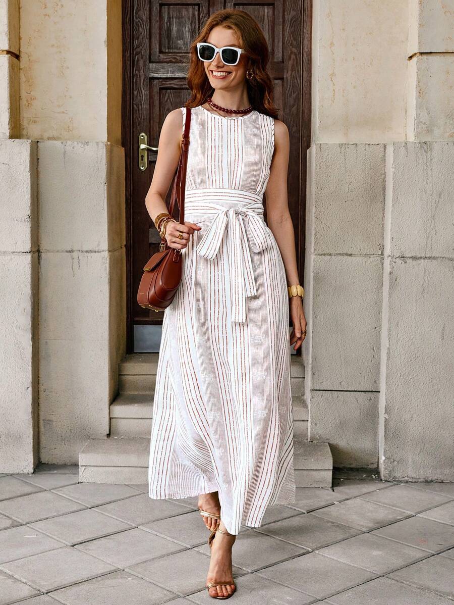 Solivie 女式条纹印花腰无袖连衣裙，时尚休闲度假装复古外出上衣女式 - 彩色 - 查看 1