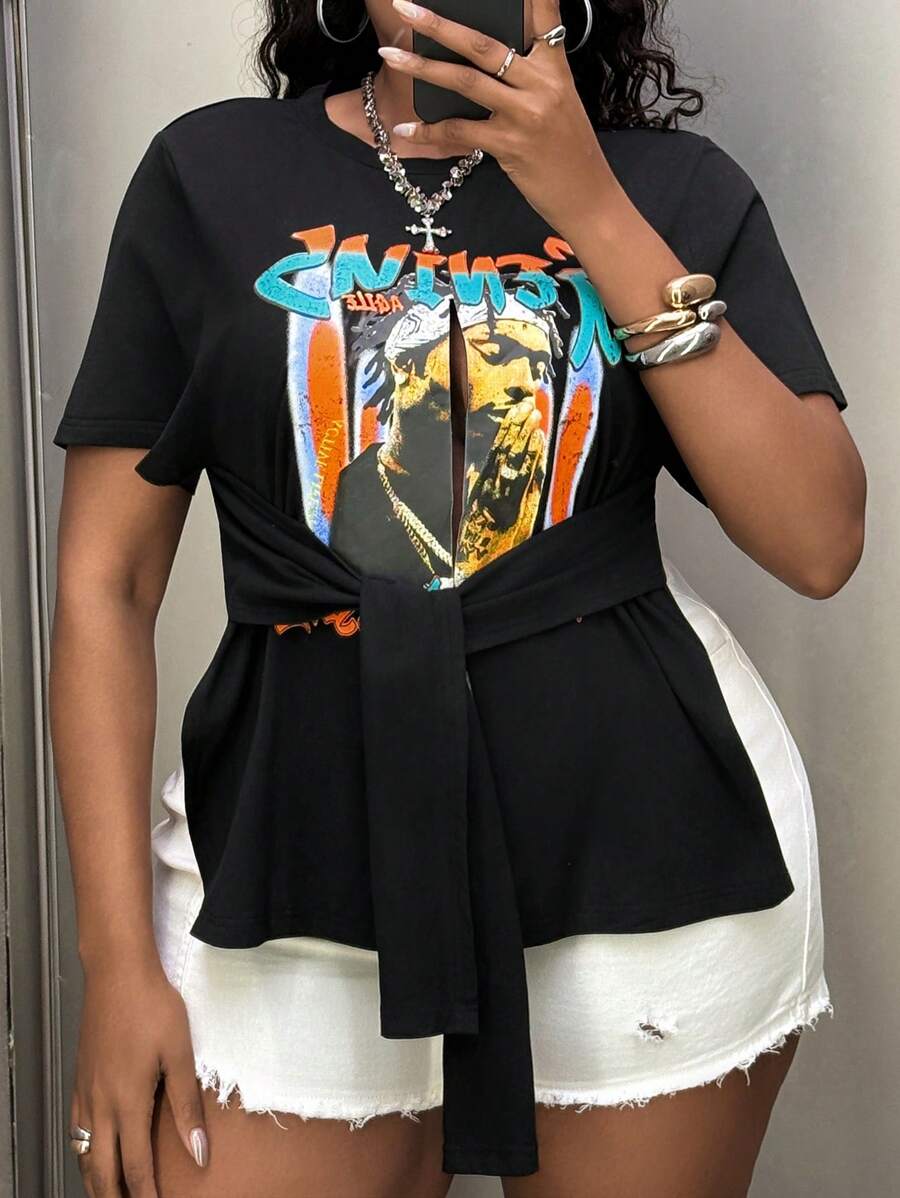 Dripcurv Blusa de manga corta con cuello redondo, estampado y lazo delantero, para tallas grandes, verano - Albaricoque - Ver 1