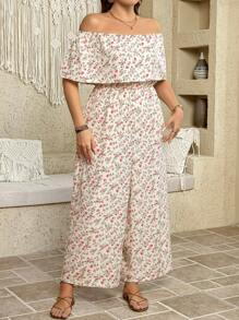 SHEIN LUNE 大码露肩碎花休闲宽松女式连体裤，夏季 - 白色 - 查看 3