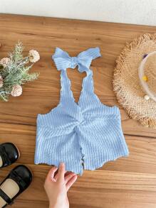 SHEIN LMoss Kids Atasan Camisole Rajut Warna Polos Kasual Modis untuk Anak Perempuan - Biru - View 6