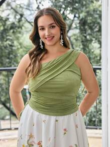 SHEIN MOD Plus Size Women's Olive Green Summer Elegant Wedding Guest Top,Drawstring Oblique Shoulder Cinched Waist Camisole,Bohemian Holiday Blouse - Green - View 1