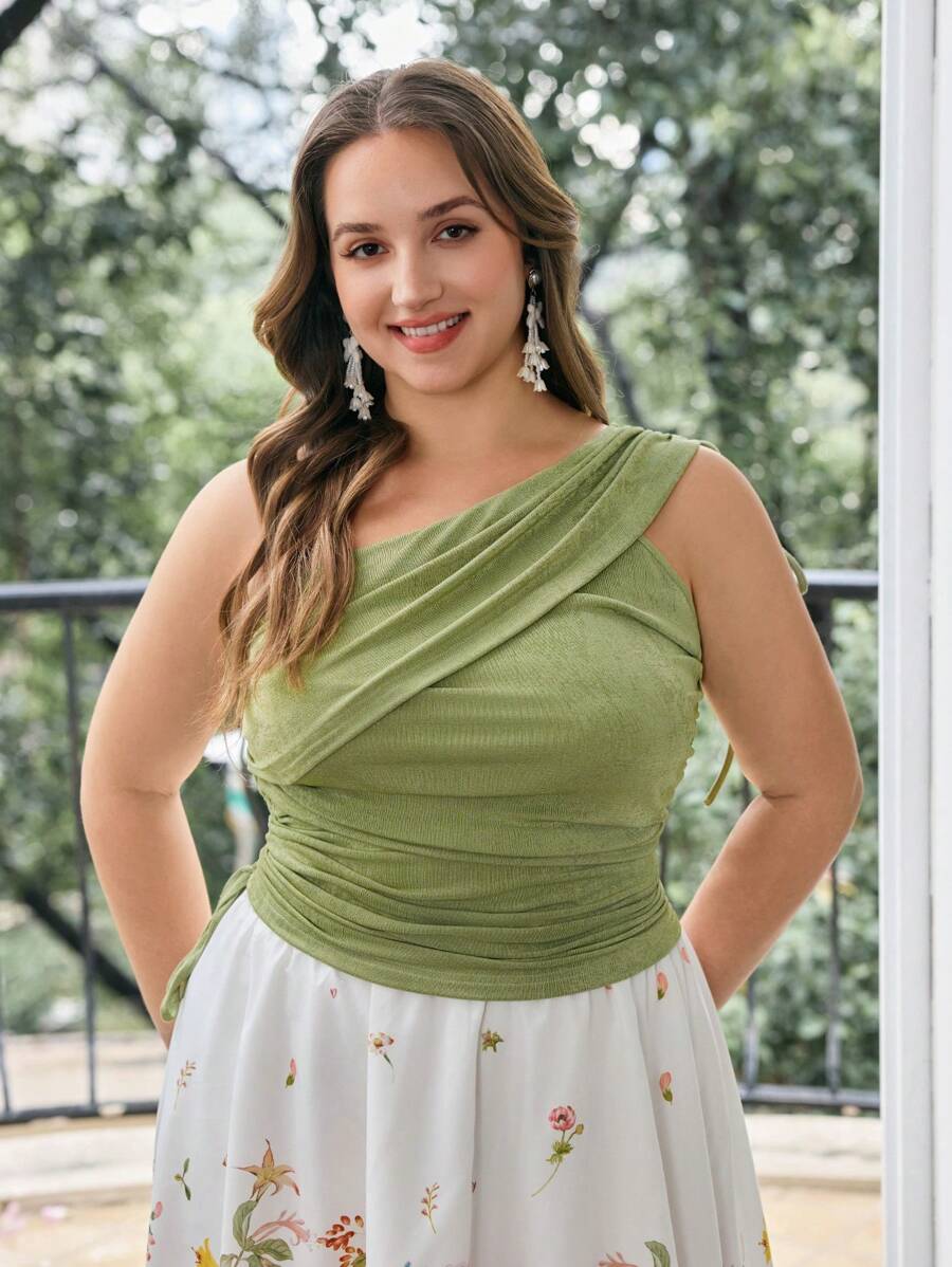 SHEIN MOD Plus Size Women's Olive Green Summer Elegant Wedding Guest Top,Drawstring Oblique Shoulder Cinched Waist Camisole,Bohemian Holiday Blouse - Green - View 1