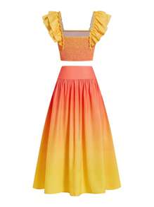 Ellevyn 2 pezzi/set Blusa con scollo quadrato a balze effetto sfumato e fiocco, e gonna lunga, set estivo per donne