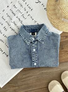 SHEIN Mädchen lange, weite Denim-Bluse mit umlegekragen und elastischem Bündchen