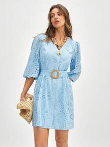 ATUI Studio 女士节日烧花刺绣灯笼袖单排扣腰带装饰优雅短款连衣裙，女士夏季连衣裙，优雅派对连衣裙 - 藍色 - 查看 4