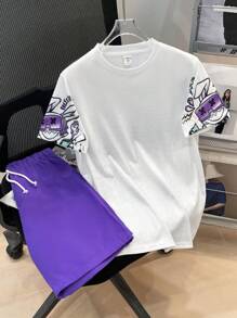 SHEIN Tween Boy Streetwear 圆领短袖 T 恤和短裤两件套 - 紫色 - 查看 2