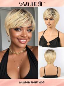 Pixie Cut Short Real Human Hair Wig With Bangs Wear&Go Wig For Women Blonde With Dark Roots Color 150% Density - S2/24 - View 1