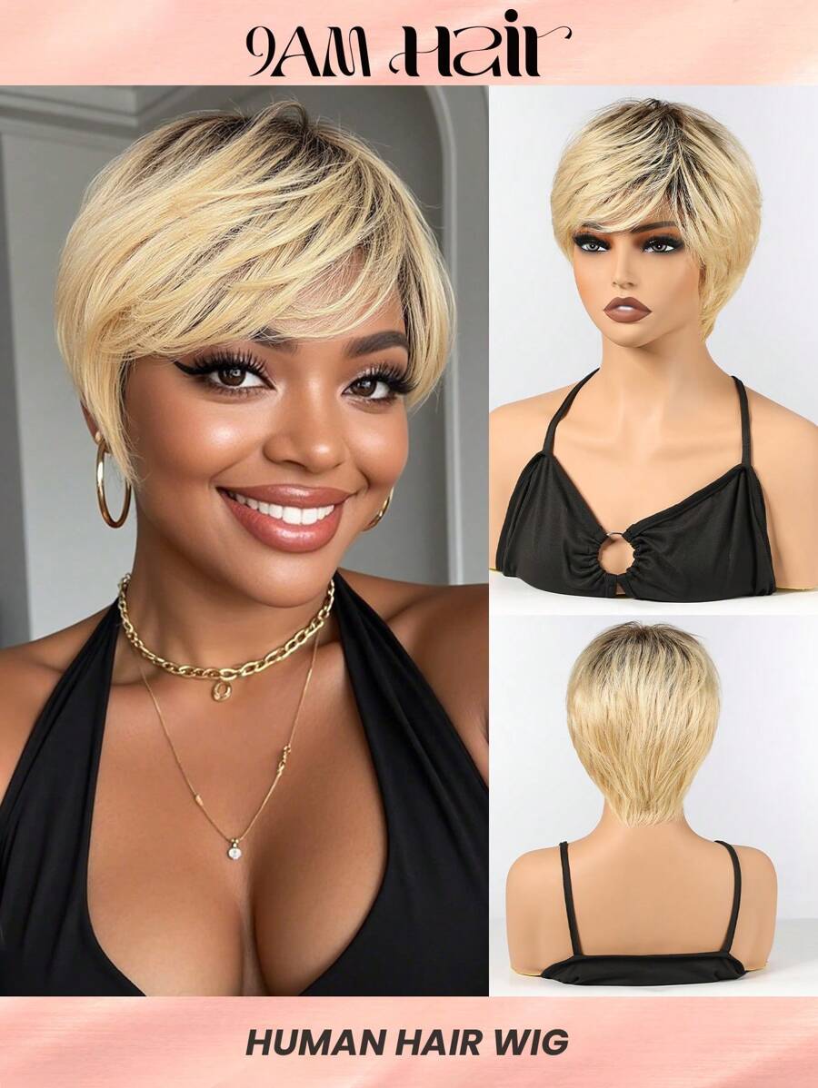 Pixie Cut Short Real Human Hair Wig With Bangs Wear&Go Wig For Women Blonde With Dark Roots Color 150% Density - S2/24 - View 1