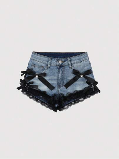 Grunge Punk Pantalones cortos vaqueros mini para mujeres, de estilo calle oscura, con escote cruzado, lazo de encaje, cintura baja, en color azul y negro, apropiados para verano, playa, graduación, Pascua, conciertos, vacaciones en Nashville