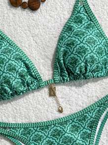 Swim Mod 女士夏季随机印花吊带比基尼两件套，海滩度假泳装