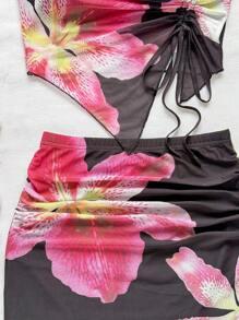 Soleia 针织网眼浪漫黄色底粉色花卉露肩抽绳上衣和修身开衩下摆短裙 2 件套，女士浪漫休闲假日装，适合派对、海滩、夏季