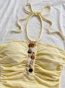 Soleia 女士性感吊带拼接不对称扣露背吊带上衣，度假风，沙滩风，夏季风，波西米亚风，钩针编织，亚麻布，纹理 - 杏色 - 查看 6