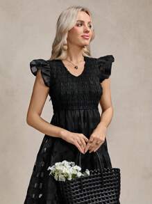 Wildy 女士度假褶皱设计褶皱盖袖优雅中长连衣裙