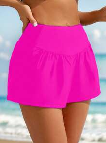 Swim Lushoire 女士休闲纯色褶皱口袋沙滩短裤 - 玫紅色 - 查看 5