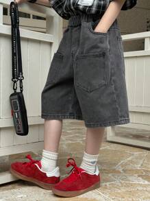 DAZY 青少年男孩松紧腰口袋宽松休闲牛仔短裤，返校服，秋装 - 淺灰色 - 查看 6