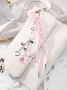 ROMWE Kawaii 1pc Adorable & Fashionable Pink Acrylic Heart, Musical Note, Strawberry, Gradient Braided Rope DIY Keychain, Suitable For Women/Girls As Daily Accessory Or Holiday Gift - Pink - View 7