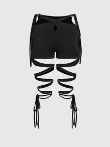 ROMWE Grunge Punk Y2K 深色功能性镂空肩带可调节系带女式短裤 - 黑色 - 查看 2