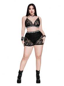 Whyspr Conjunto de camiseta transparente de encaje y shorts de encaje en tallas grandes, estilo sexy y punk - Negro - Ver 7