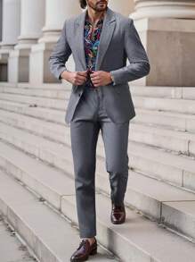 Manfinity Mode Men's Solid Color Lapel Neck Long Sleeve Blazer And Pants Suit Set - Dark Grey - View 1