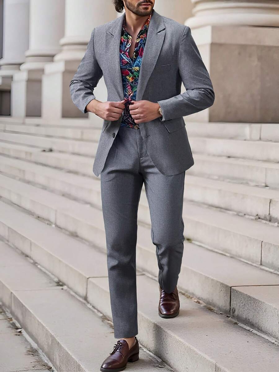 Manfinity Mode Men's Solid Color Lapel Neck Long Sleeve Blazer And Pants Suit Set - Dark Grey - View 1