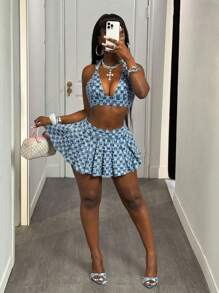 Slaydiva 女士牛仔露背短款上衣，修身性感，蓝色 - 淺色水洗藍 - 查看 7