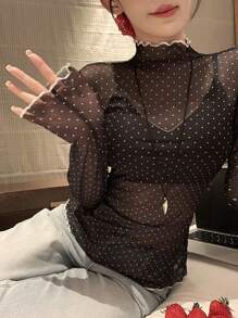 DAZY Casual Women's Polka Dot Long Sleeve T-Shirt, Korean Style, Summer,Fall Women Clothes - Black - View 5