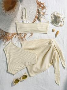 SHEIN Bộ bikini ren trang trí bãi biển cho bé gái tuổi teen kèm áo choàng và chân váy ngắn - Màu be - Xem 2