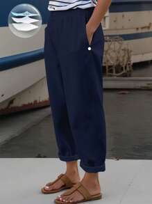 SHEIN PETITE 大码女式法式时尚直筒白色长裤，带口袋，新款夏季休闲松紧腰褶皱裤 - 藏蓝色 - 查看 1