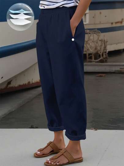 SHEIN PETITE Plus Size Women's French Chic Straight Fit White Trousers With Pockets, New Summer Casual Elastic Waist Pleated Pants Fall Cloth For Women