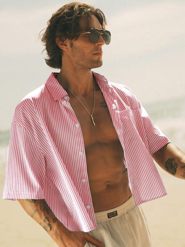 HIMLAND Camicia casual da uomo a maniche corte, a righe, slim fit