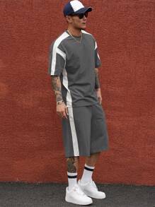 DAZY Conjunto de 2 piezas de camiseta de manga corta y pantalones cortos con estampado de letras y bloques de color para hombre en verano