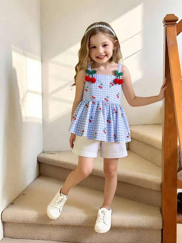 Conjunto de 2 piezas para niñas jóvenes: top camisola con ajuste en la cintura y estampado digital de cerezas, y shorts sueltos, adecuado para uso casual, playa, verano