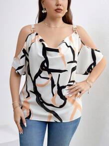 SHEIN Clasi Plus Size Women's Printed Cold Shoulder Top With Chain Decoration For Summer