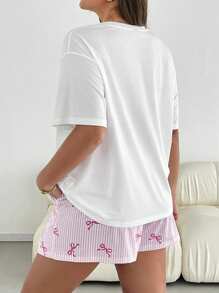 SHEIN Essnce Plsize女装夏季短袖套装粉色可爱套装活力套装夏季居家宽松舒适套装樱花印花T恤夏季粉色图案两件套图形T恤