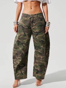 Denimoi 女式休闲水洗迷彩喇叭牛仔裤