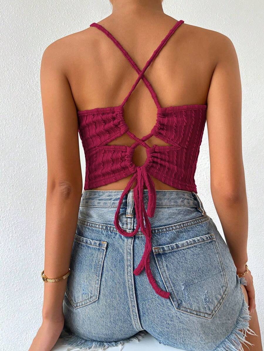 SHEIN Raffinéa Women's Casual Solid Color Halter Neck Backless Tank Top, Summer - Maroon - View 1