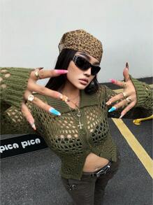 POPSWAY Duży damski dzianinowy kardigan w stylu boho, swobodny na wiosnę/lato/jesień, odpowiedni na wakacyjne wyjścia - Wojskowa Zieleń - Zobacz 2