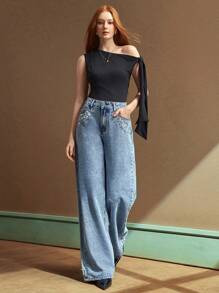 SHEIN BAE Low-Rise Distressed Embellished Rhinestone Washed Straight Leg Jeans - Medium Wash - View 3