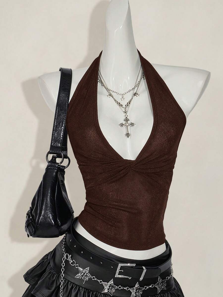 SHEIN ICON Women Casual Deep V-Neck Twist Halter Backless Camisole - Coffee Brown - View 1