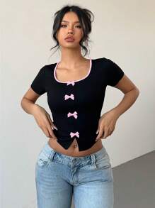 Aloruh 女式休闲撞色蝴蝶结修身短款 T 恤，夏季