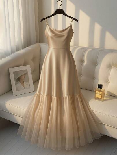 Franclia 女式夏季法式优雅简约醋酸纤维缎面网眼拼接吊带裙，长款