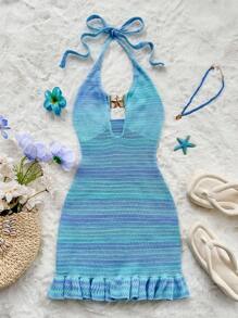 Sweetina Women's Deep V-Neck Backless Halter Beach Vacation Knit Dress - Blue - View 6