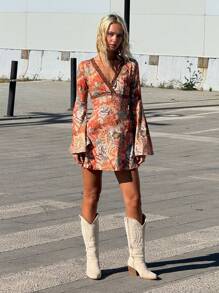 SHEIN ICON Váy dài tay xếp ly chéo họa tiết Paisley in họa tiết ren phong cách Boho cổ điển đi biển cho kỳ nghỉ hè - Nhiều màu - Xem 5