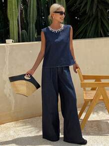 DAZY 两件套女士无袖露脐背心和阔腿牛仔裤，春夏度假装