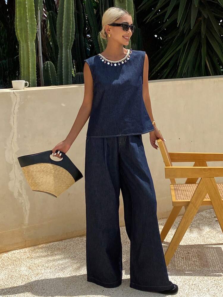 2pcs/Set Women Sleeveless Cropped Tank Top And Wide Leg Denim Pants, Spring/Summer Vacation