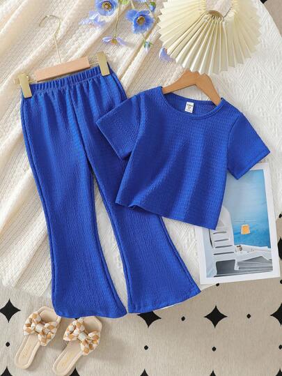 Elladie kids 2pcs/Set Young Girls Solid Color Crew Neck Short Sleeve T-Shirt + Elastic Waist Straight Leg Wide Leg Pants, Spring/Summer Outfit Girls Ribbed Set Girls Two Piece Set Blue Two Piece Set Girls Flare Pants Set Kids 2 Piece Set Summer Holiday