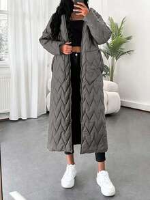 EURMUSE Women's Solid Color Long Sleeve Zipper Front Drawstring Waist Hooded Winter Coat - Grey - View 5